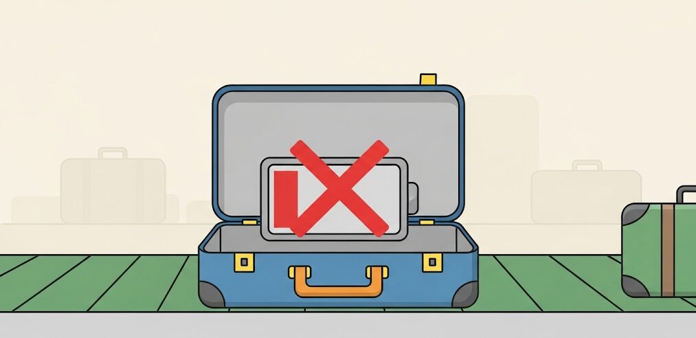 開いたスーツケースの中にモバイルバッテリーが入っているが、赤色の大きなバツ印で禁止されていることを示唆。飛行機にパソコンを預けてしまった状況で、モバイルバッテリーの預け入れが禁止されていることを伝えるフラットイラストです。
