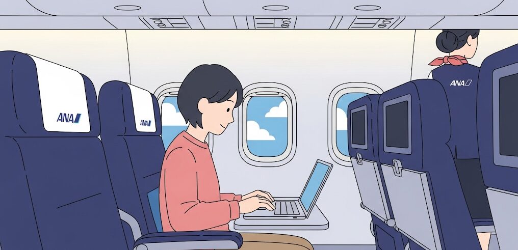 ANAの機内で、乗客が膝の上でパソコンを操作している様子。飛行機内でパソコンを手荷物として持ち込む安心感を表現しています。