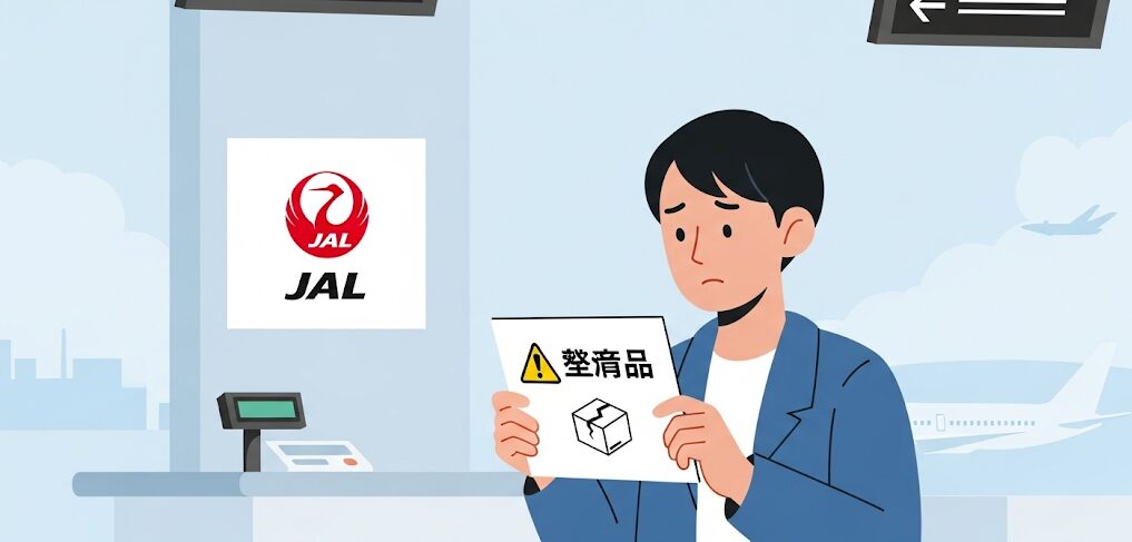 JALカウンターで、預け入れ荷物のパソコン破損に関する注意書きを読んで困惑する男性のイラスト。
