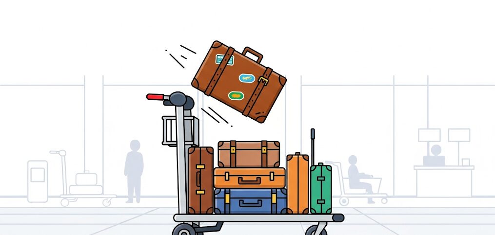 国際線の空港で、荷物カートから乱雑に扱われ落下しそうなスーツケースのイラスト。国際線での預け入れ荷物の破損リスクの高さを表現しています。