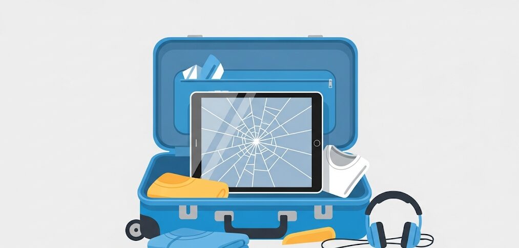 飛行機に預けたスーツケースの中で、画面が割れてしまったiPadのイラスト。パソコンと同様にiPadも預け入れに注意が必要であることを示しています。