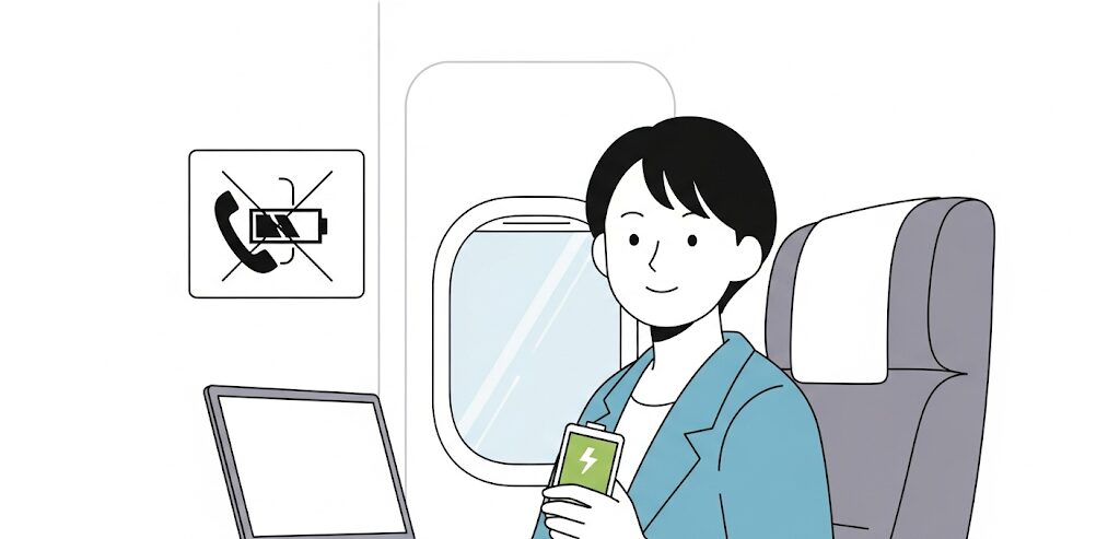 飛行機内でノートパソコンとスマートフォンを持っている日本人の男性。バッテリーに関する航空会社の規定を想起させ、飛行機にパソコンを預ける際のリチウム電池のルールや注意点を示唆します。

