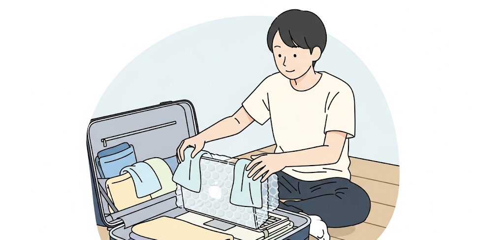自宅でスーツケースにノートパソコンを梱包している日本人の男性。飛行機にパソコンを預けてしまった際に備え、安全に預けるための事前準備や厳重な梱包の重要性を表すフラットイラストです。
