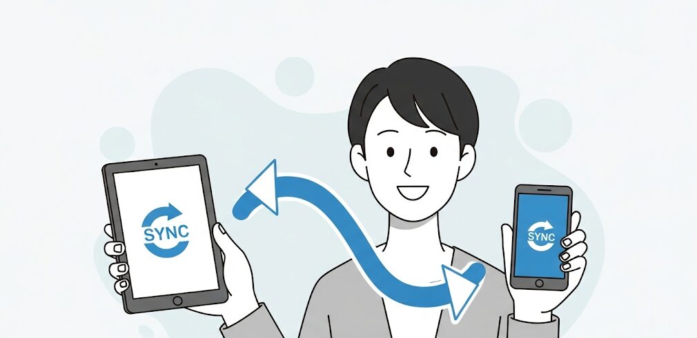フラットイラストで描かれた日本人男性が、PCとAndroidスマートフォンを連携させている様子。Androidユーザーに便利なPCブラウザの同期機能を表現している。
