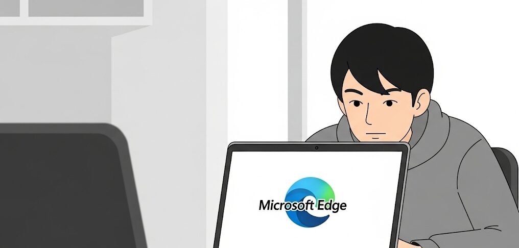 Microsoft Edgeのロゴが大きく表示されたPCを真剣な表情で見つめる日本人男性のイラスト。Windows標準のPCブラウザであるMicrosoft Edgeを示唆しています。