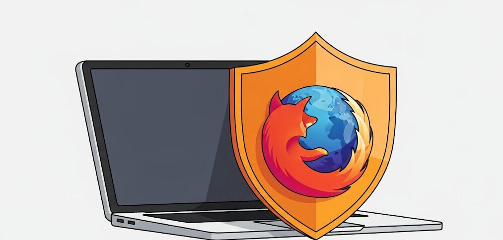 盾と地球、そしてFirefoxの狐のロゴが描かれたイラスト。プライバシー保護機能に優れたPCおすすめブラウザ、Mozilla Firefoxを象徴しています。