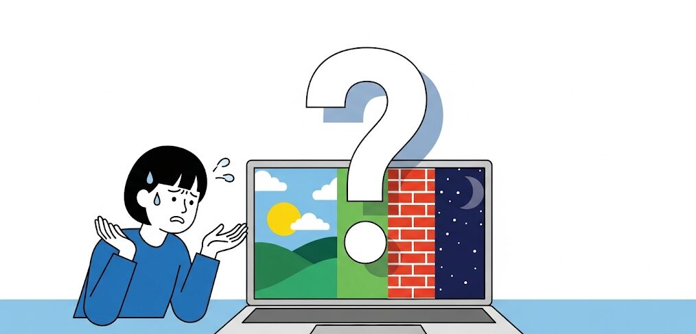 背景が日中から夜景、壁に勝手に変わるノートPCと、原因が分からず困惑する人物のイラスト。デスクトップの背景が黒くなる理由を解説。