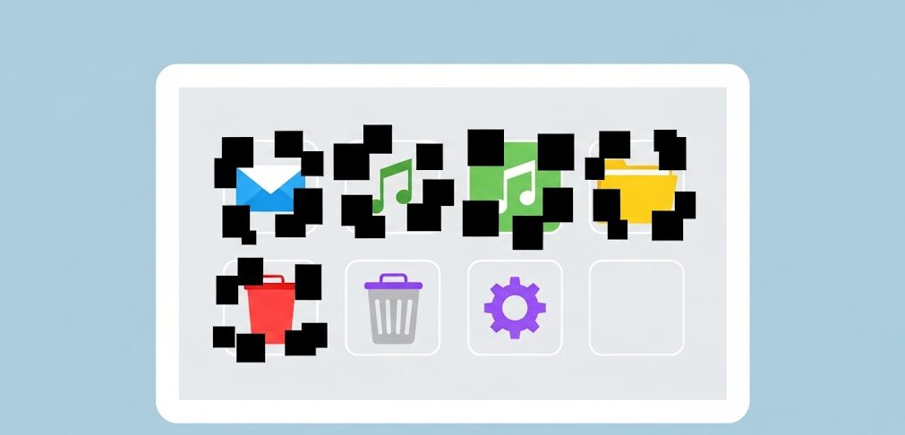 デスクトップのアイコンの背景が黒くなる不具合を修正するフラットイラスト。アイコン表示のトラブル解決策を表現。