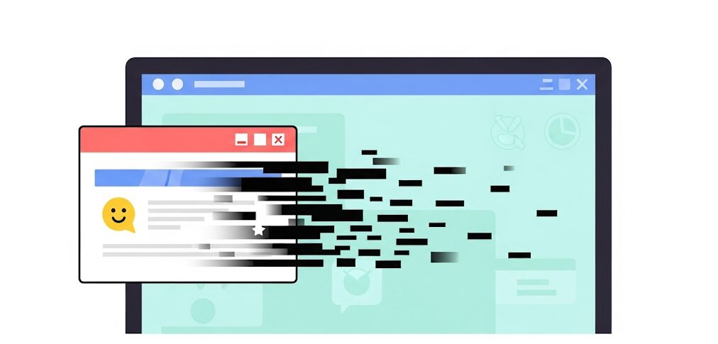デスクトップでドラッグ操作中に画面が乱れ、ウィンドウが崩れる様子を示すフラットイラスト。黒くなる画面の乱れへの対処法。