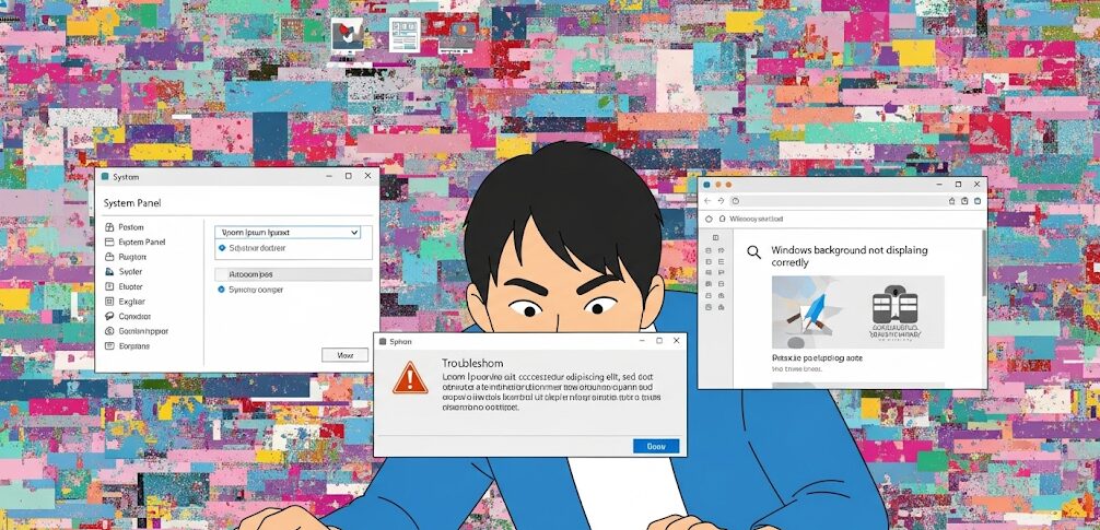 Windows 10でデスクトップ背景が乱れて表示され、エラーメッセージが表示されているPCの前に座る男性のイラスト。PCの背景が黒くなる原因の一つ。