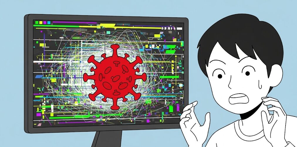 PC画面がウイルスによって異常な表示になり、ウイルス感染に驚く男性のイラスト。デスクトップ背景が黒くなる以外の異常症状。