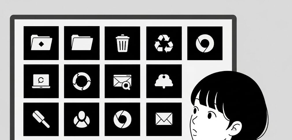 デスクトップのアイコンの背景が黒い四角で囲まれ、不思議そうに見つめる女性のイラスト。デスクトップ背景が黒くなる問題とは異なる現象。