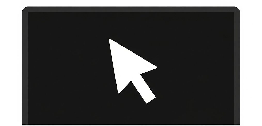 デスクトップが黒くなるトラブルで、画面にカーソルだけが表示されているPCのフラットイラスト。カーソルが表示される際の対処法を表現。