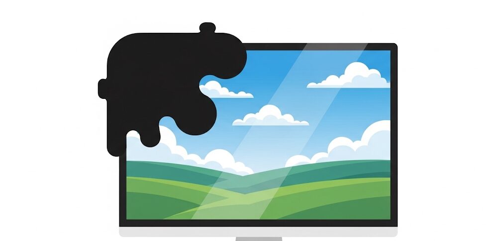 デスクトップ画面の一部が黒くなる症状を示すフラットイラスト。画面の特定の箇所が黒くなるトラブルの原因と対処法を説明。