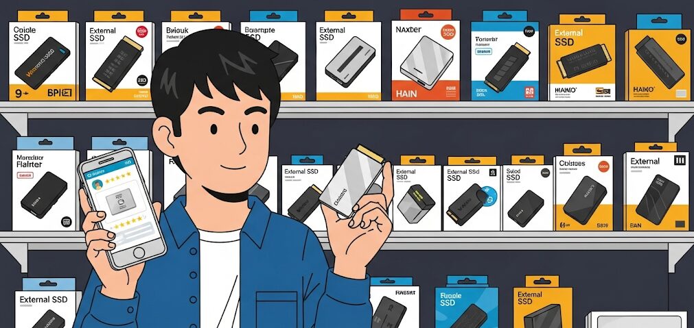 外付けSSDが陳列された店内で、スマートフォンでレビューを見ながら製品を選ぶ日本人男性のフラットイラスト。外付けSSDのデメリットを理解した上で、信頼できるメーカーの製品を選ぶ様子。
