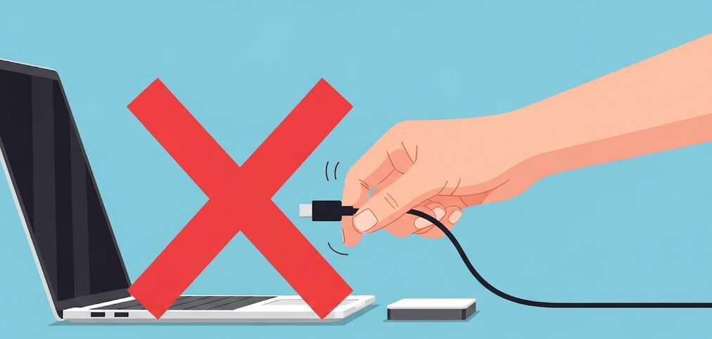 外付けSSDでやってはいけないことを表現したフラットイラスト。PCから無理やりケーブルを抜く行為に「✕」印をつけ、外付けSSDの不適切な取り扱いへの注意を喚起。外付けSSDの寿命を縮めないための適切な使用方法をユーザーに促します。
