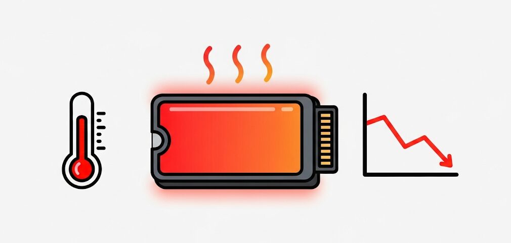 外付けSSDの熱によるパフォーマンス低下を表現したフラットイラスト。熱を持った外付けSSDの温度計と、性能が低下するグラフを配置。外付けSSDのデメリットである熱問題を視覚的に伝え、対策の重要性をユーザーに示唆します。