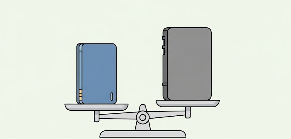 外付けSSDとHDDの比較を表現したフラットイラスト。天秤に載せられた外付けSSDとHDDが対比され、どちらが良いかというユーザーの疑問を象徴。外付けSSDとHDDのメリット・デメリットを比較検討するユーザーの意思決定をサポートします。
