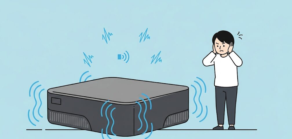 外付けHDDのデメリットを表現したフラットイラスト。うるさそうな外付けHDDに耳をふさぐ人物を配置し、HDDの動作音や振動といったデメリットを表現。外付けHDDのデメリットに関するユーザーの理解を深め、より適切なストレージ選びに役立てることを意図しています。
