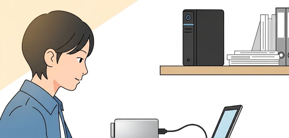 デスクでノートPCと外付けSSDを使用し、奥の棚に外付けHDDを置く日本人男性のフラットイラスト。外付けSSDのデメリットを理解し、用途別に使い分けることで効率的なデータ管理をしている様子。