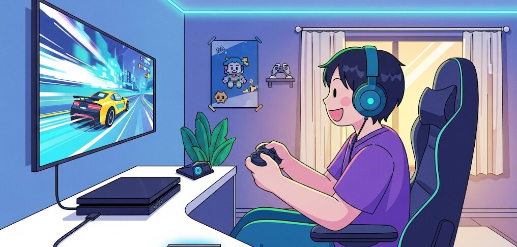 ゲームをプレイする日本人男性と、彼のPCに接続された外付けSSD、モニターに表示されたゲーム画面のフラットイラスト。外付けSSDの選び方でゲーム体験が向上するポイントを表す。

