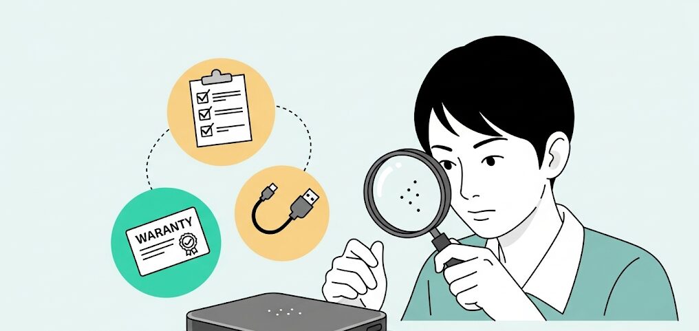 様々な形状やサイズの外付けSSDのフラットイラスト。外付けSSDのデメリットだけでなく、購入前に確認すべき注意点（フォームファクタ、付属品、保証、セキュリティ）を考慮する重要性を示す。
