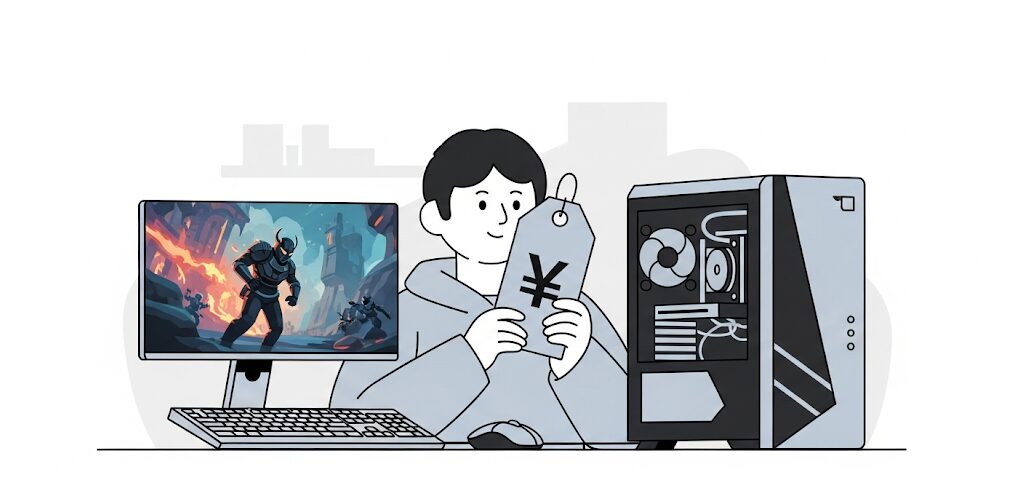 ゲーミングPCの価格タグを見て予算を考える男性のイラスト。中古PCの値段の目安を表現。「ゲーミングPCの中古はやめたほうがいい」と迷う人へ、予算に合わせた選び方を示します。