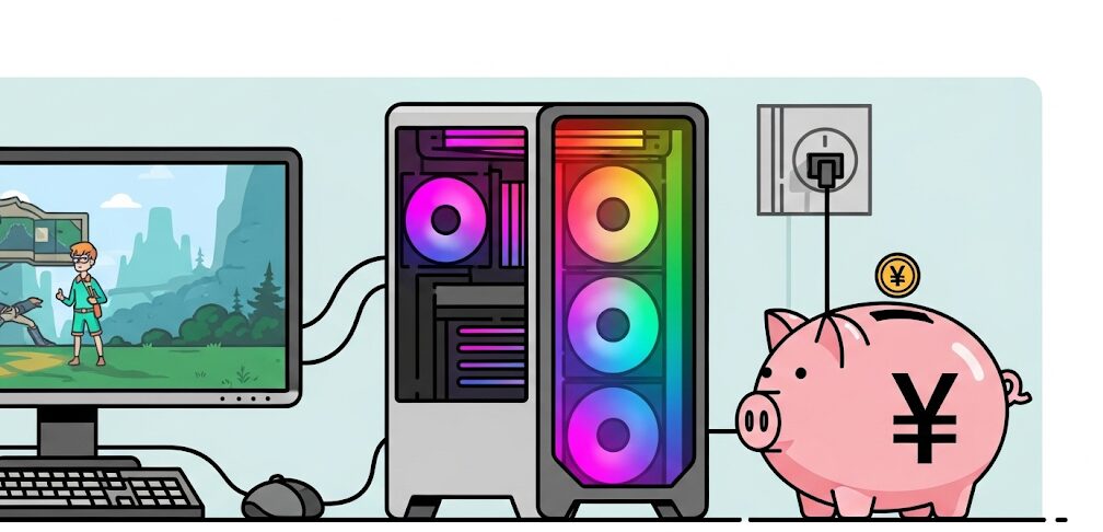 ゲーミングPCと電気代を象徴する貯金箱のイラスト。購入後の維持費である電気代の目安を表現。「ゲーミングPCの中古はやめたほうがいい」か判断する上で、ランニングコストも重要です。