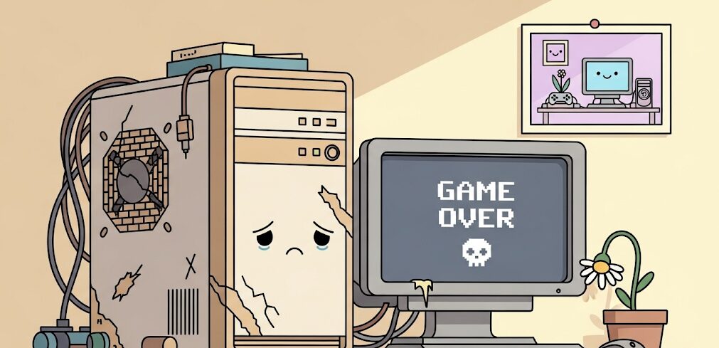 モニターに表示された古いゲーム画面と、埃をかぶった中古ゲーミングPC。性能の陳腐化や寿命が不規則な中古ゲーミングPCの欠点を視覚的に表現。