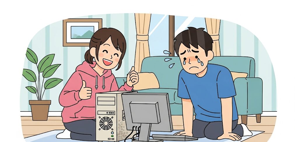 壊れた中古ゲーミングPCの前で悲しむ男性と、うまく動いているPCを指さし喜ぶ女性。中古ゲーミングPCの評判が、知識や経験によって大きく異なる現状を表現。