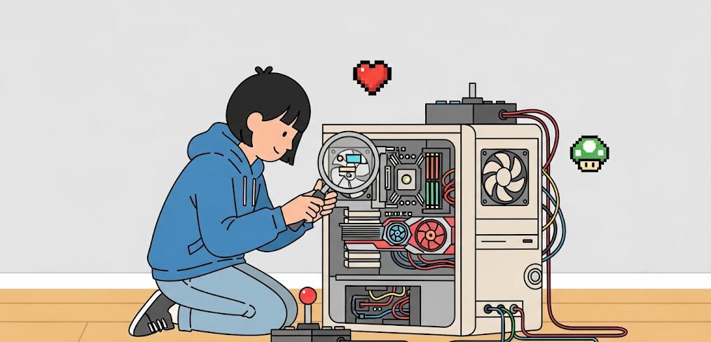ルーペで中古ゲーミングPCの内部を詳細に確認している人物。型落ちモデルを選ぶ際の注意点として、パーツの確認がいかに重要であるかを示している。