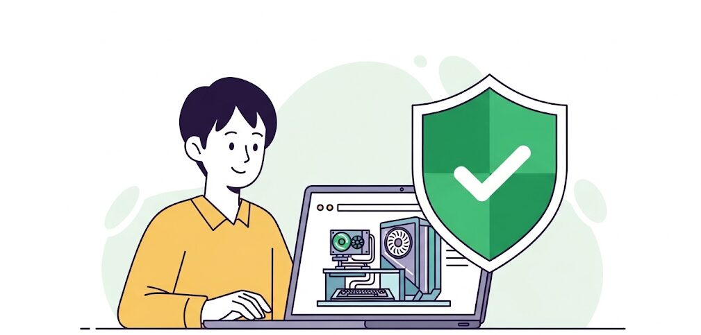 ノートパソコンと盾で安全なオンライン購入を示すイラスト。中古ゲーミングPC選びで「やめたほうがいい」という不安を解消する、信頼できるサイトと保証の重要性を表現しています。