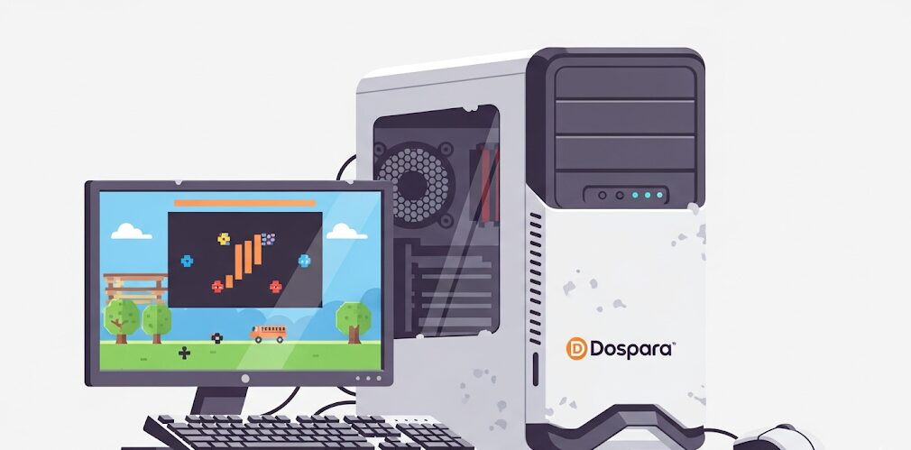 ドスパラの中古ゲーミングPCのフラットイラスト。モニターにゲームが映り安心感を表現。ゲーミングPCの中古はやめたほうがいいか悩む人へ、おすすめサイトの重要性を示唆します。