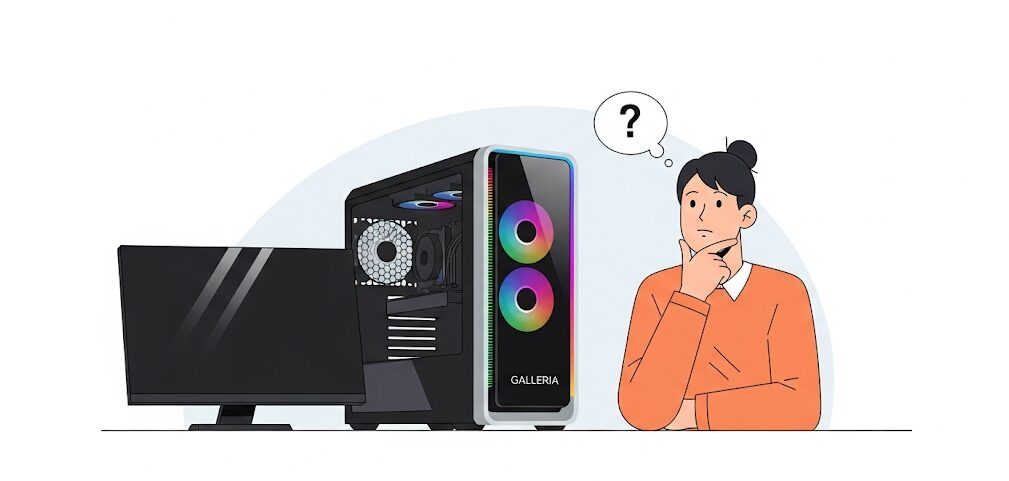 人気のゲーミングPC「ガレリア」を見て中古で買えるか考える女性のイラスト。「ゲーミングPCの中古はやめたほうがいい?」と悩むユーザーの気持ちと賢い選び方の検討を表現。