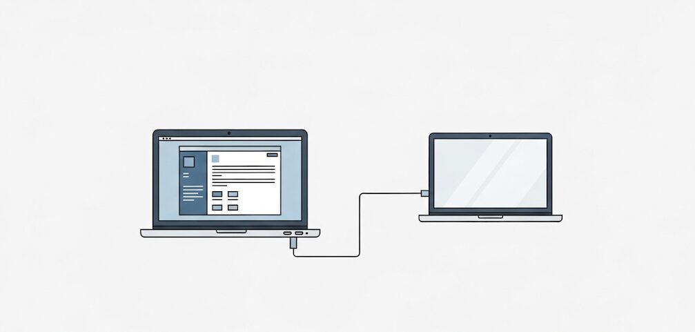 日本人の男性がデスクでメインPCのノートパソコンを使用し、もう一台のノートPCをモニター化して活用している様子を描いたフラットイラスト。2台のPCはケーブルで接続されており、モニター化の設定がシンプルに完了していることが視覚的に伝わります。
