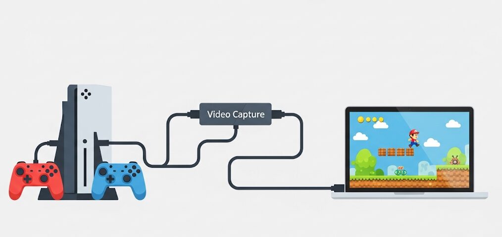 Switchを「ノートPCをモニターとして使う」ためにビデオキャプチャーを介して接続し、ゲーム画面を表示する様子。
