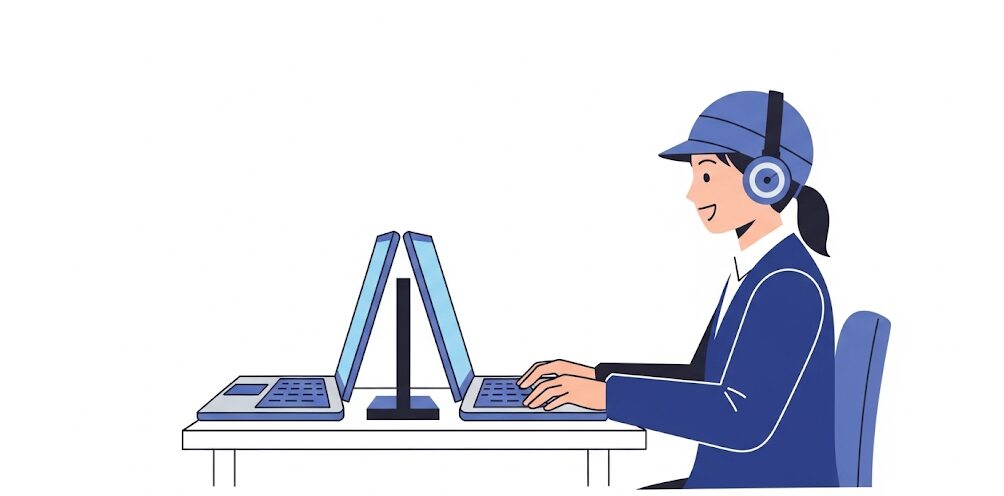 ノートPCをモニター化することで作業効率が向上する様子を表すフラットイラスト。日本人男性が2台のノートパソコンを使い、スムーズに作業を進めている様子が描かれています。無駄なウィンドウ切り替えがなくなり、集中力が高まるメリットを表現。
