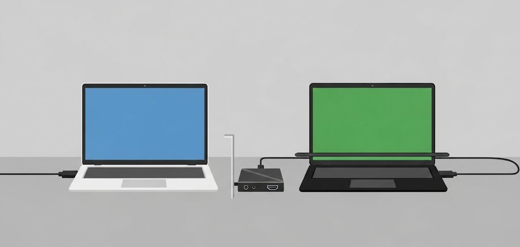 ノートPCをモニター化する際のディスプレイ代わりとなるHDMI接続のフラットイラスト。2台のノートパソコンとビデオキャプチャーがHDMIケーブルで接続されており、ゲーム機などの外部機器をノートPCに表示させる方法を説明しています。
