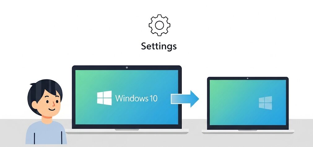 Windows 10のノートPCをモニターとして使う設定画面のイメージ。日本の男性がデュアルモニター環境で快適に作業する様子。
