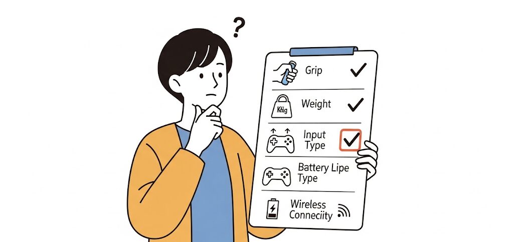 PCコントローラーの基本的な選び方を説明するフラットイラスト。有線と無線、XInput対応、握り心地の重要性を表現し、コスパ最強のコントローラー選びをサポート。
