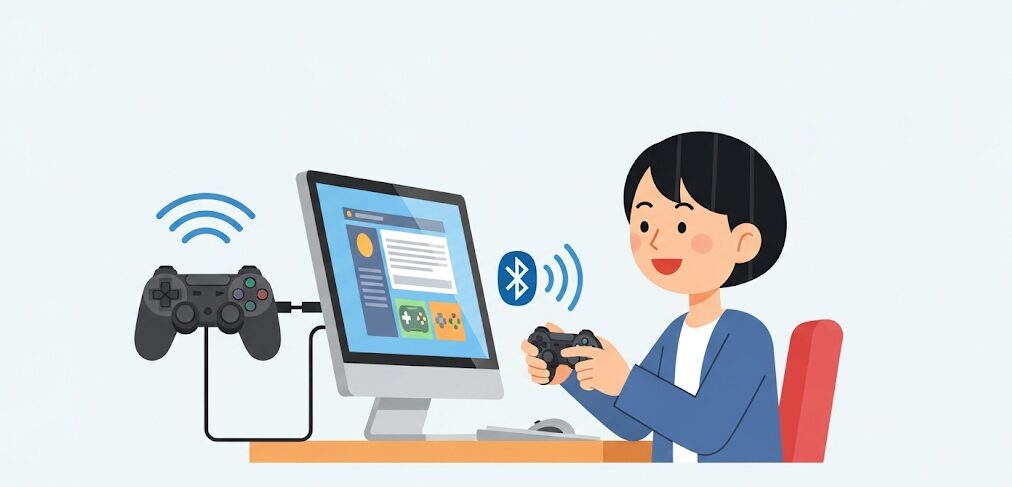 PS4コントローラーをPCで使う方法を解説。PCに接続されたPS4コントローラーを日本人が操作する、無線と有線接続を示すフラットイラスト。