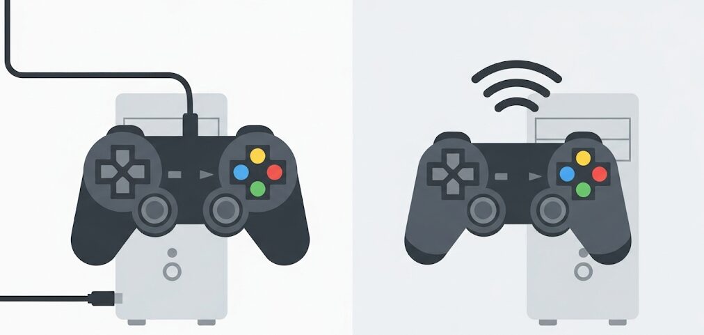 PCコントローラーの接続方法（有線と無線）を比較するフラットイラスト。安定性や自由度など、コスパ最強モデル選びの判断基準を示唆。
