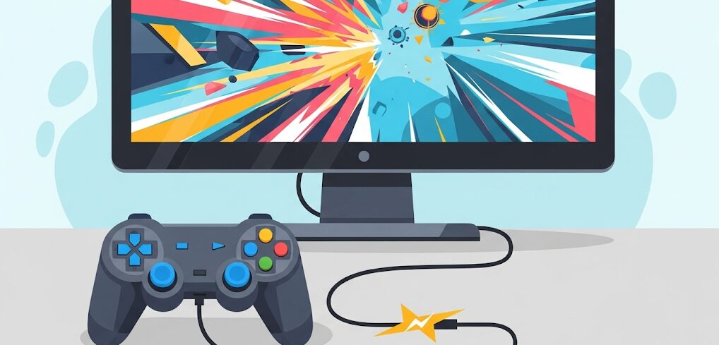 遅延の少ない有線PCコントローラーの特徴を表すフラットイラスト。安定した操作性と充電不要のメリットを強調し、コスパ最強の選択肢を示唆。
