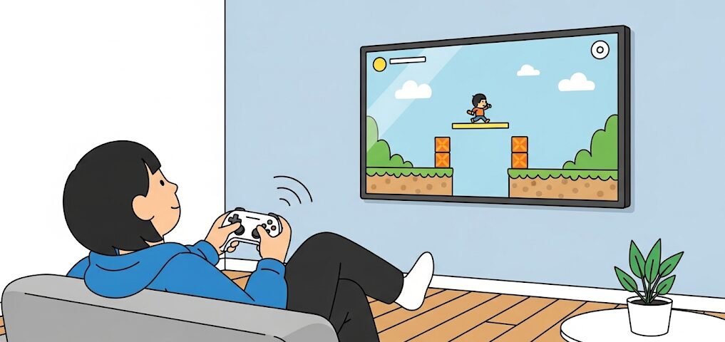 自由なプレイを可能にする無線PCコントローラーの利点を描いたフラットイラスト。快適なゲーム体験と配線のないデスク周りを表現し、コスパ最強のコントローラーを提案。
