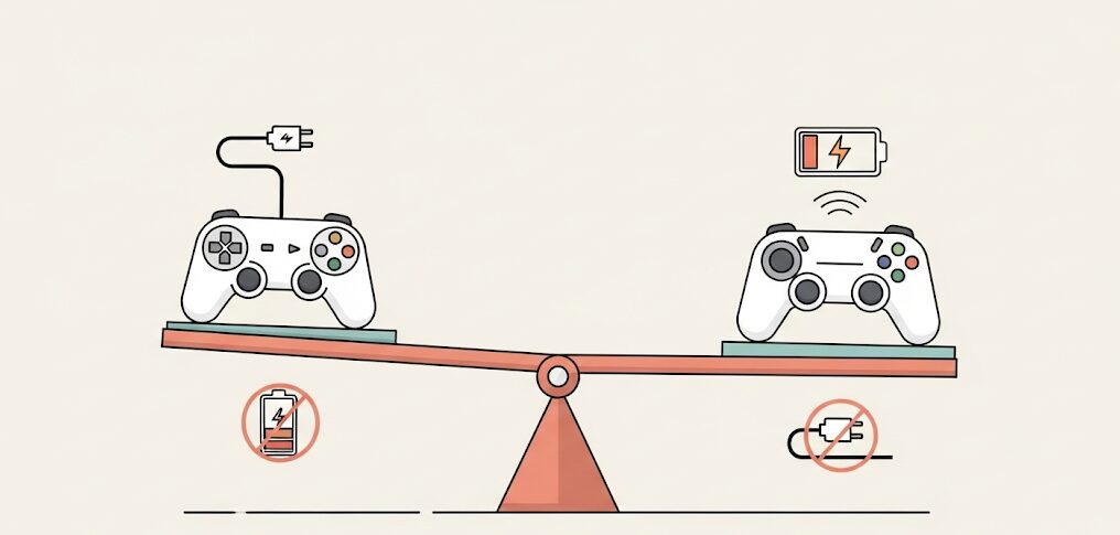 有線と無線のPCコントローラーのメリット・デメリットを天秤で比較するフラットイラスト。ユーザーのプレイスタイルに合わせたコスパ最強の選択を促す。
