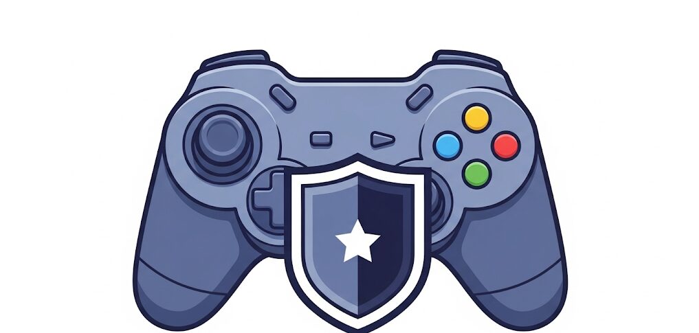 耐久性の高いPCコントローラーを象徴するフラットイラスト。長く使える製品が結果的にコスパ最強であることを示し、コントローラーを保護する盾をデザイン。
