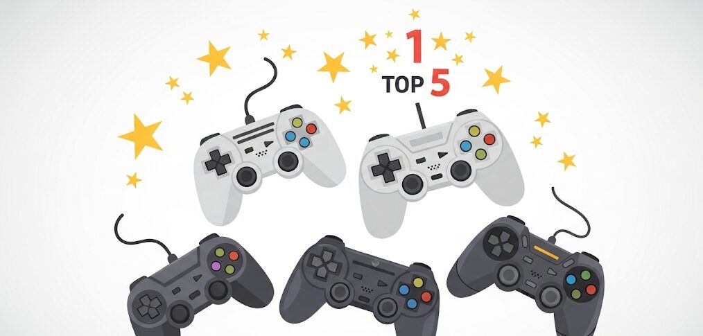 PCコントローラーのコスパ最強モデルをランキング形式で紹介。様々なゲームパッドが星の周りに配置され、選び方の参考になるフラットイラスト。
