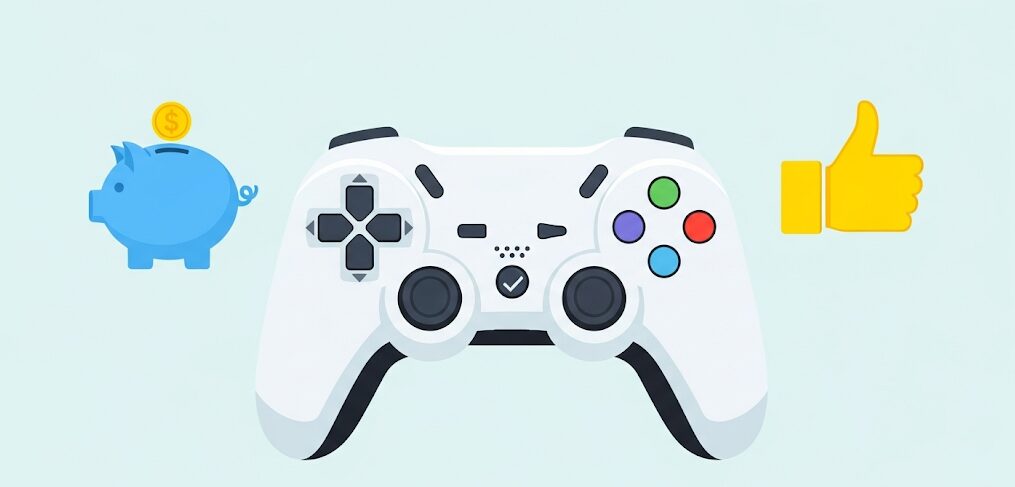 価格が安いPCコントローラーでも高性能なモデルを紹介。貯金箱とグッドマークが、コスパの良さを示すゲームパッドのフラットイラスト。
