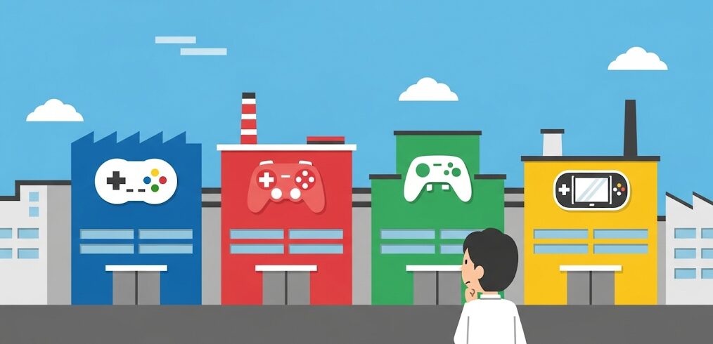 PCコントローラーの信頼できる人気メーカーの選び方。複数のメーカービルが立ち並び、日本人がコントローラー選びに悩むフラットイラスト。
