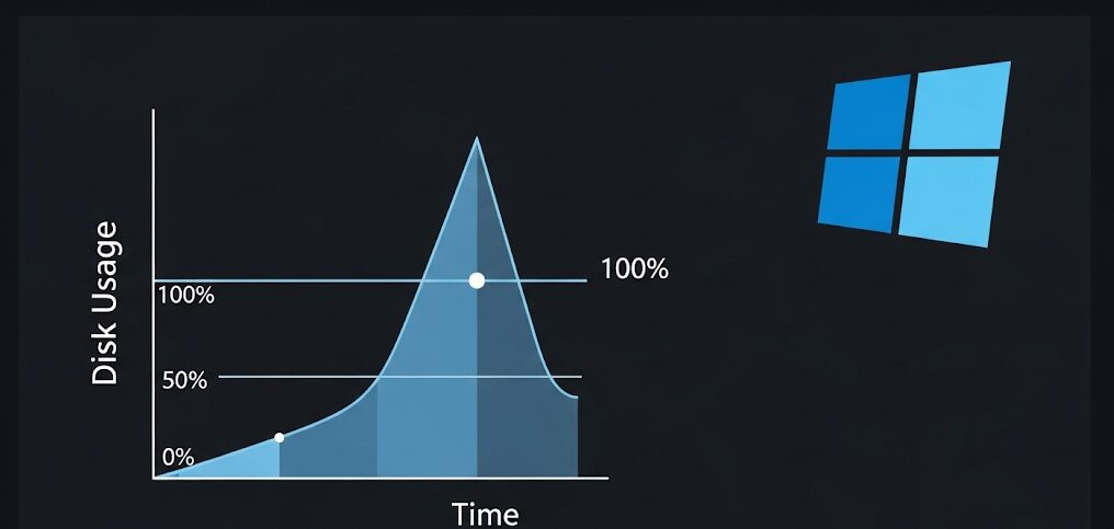PCのディスク使用率が100%に急上昇する様子を示すグラフのフラットイラスト。Windowsで発生するディスク100現象を視覚的に解説。